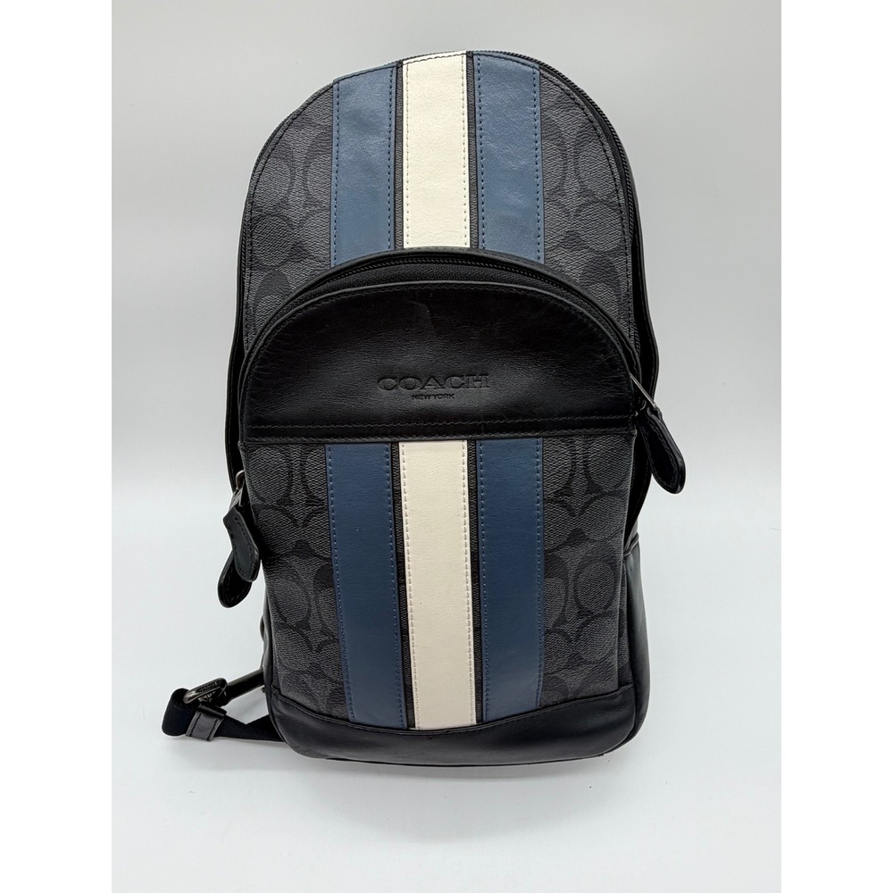 Coach West Pack Signature Canvas Varsity Stripe Charcoal Blue Sling Bag
